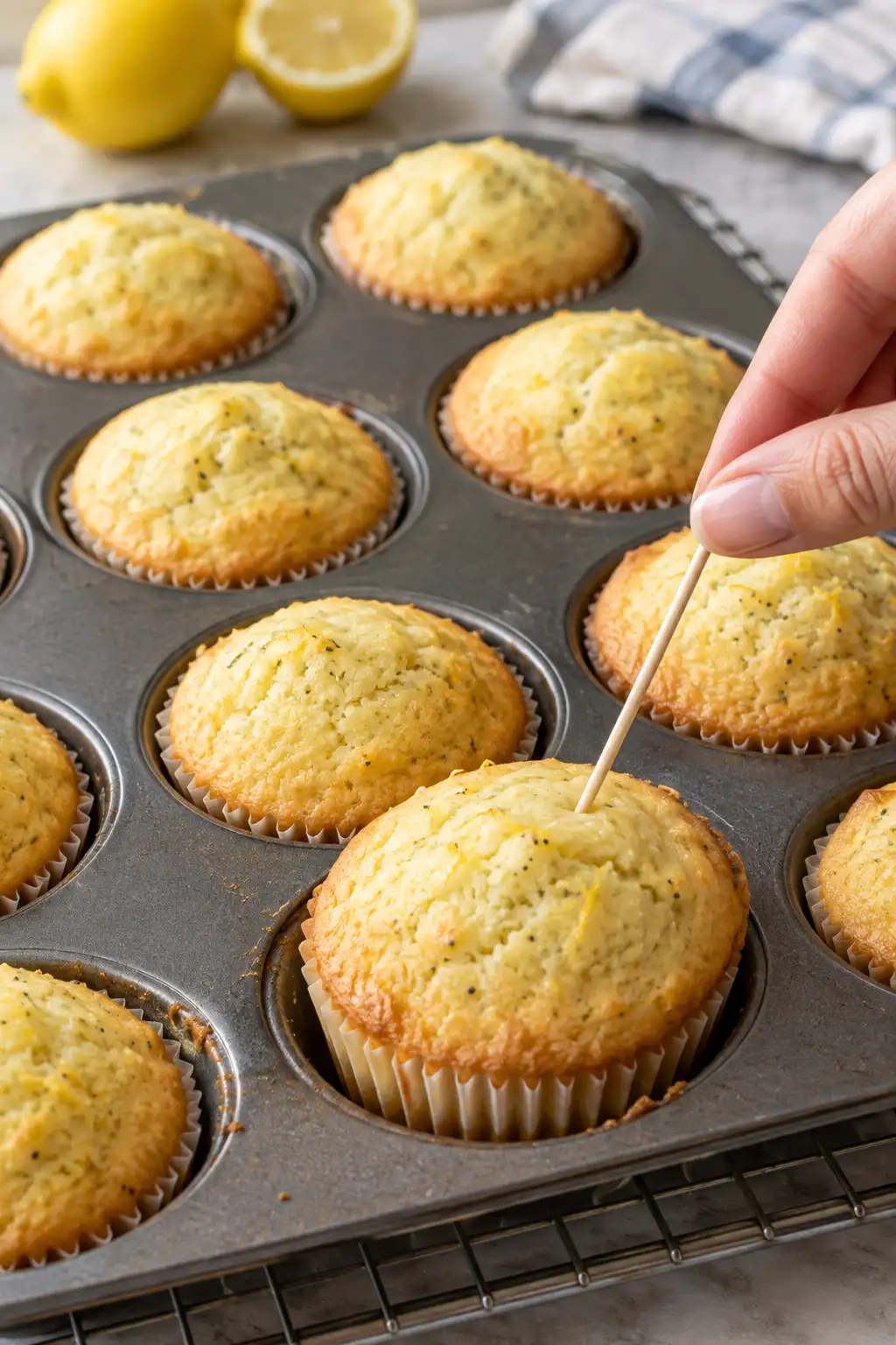 Checking the doneness of freshly baked lemon muffins with a toothpick